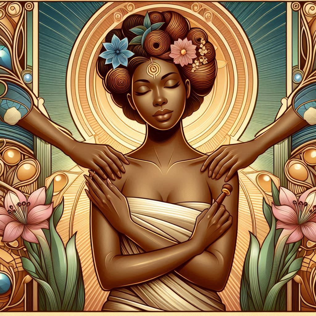 Art Nouveau illustration of Black woman with halo receiving massage on her shoulders