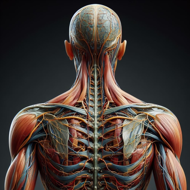 AI generated image of back of human showing muscles, spine, scapulae, and nerves