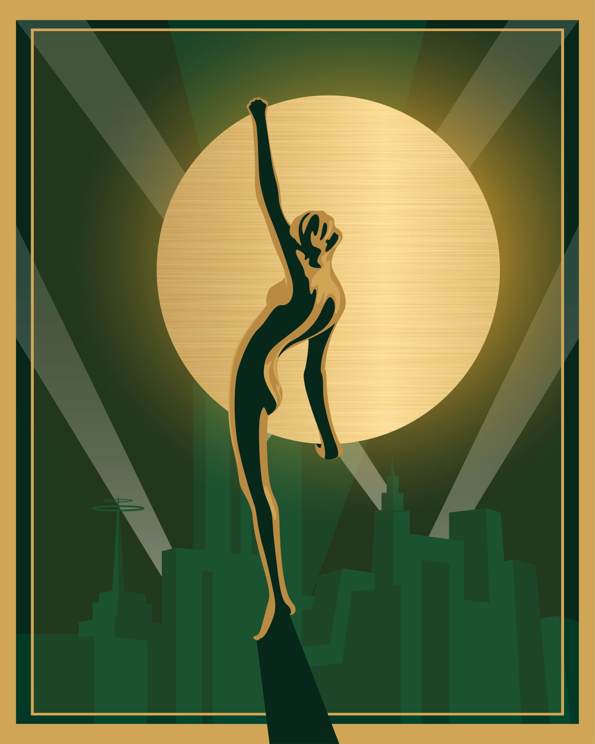 Art deco Female silhouette holding glowing orb with green background