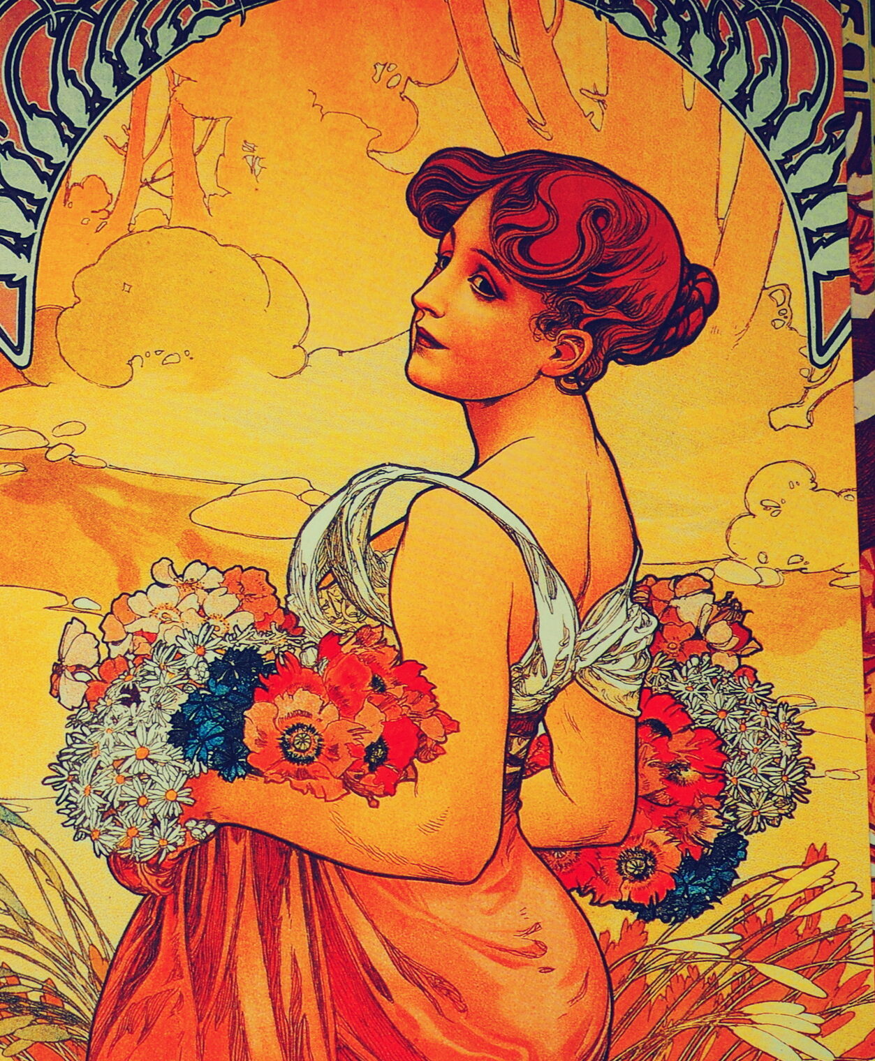 Mucha painting of woman in bright red looking over her left shoulder