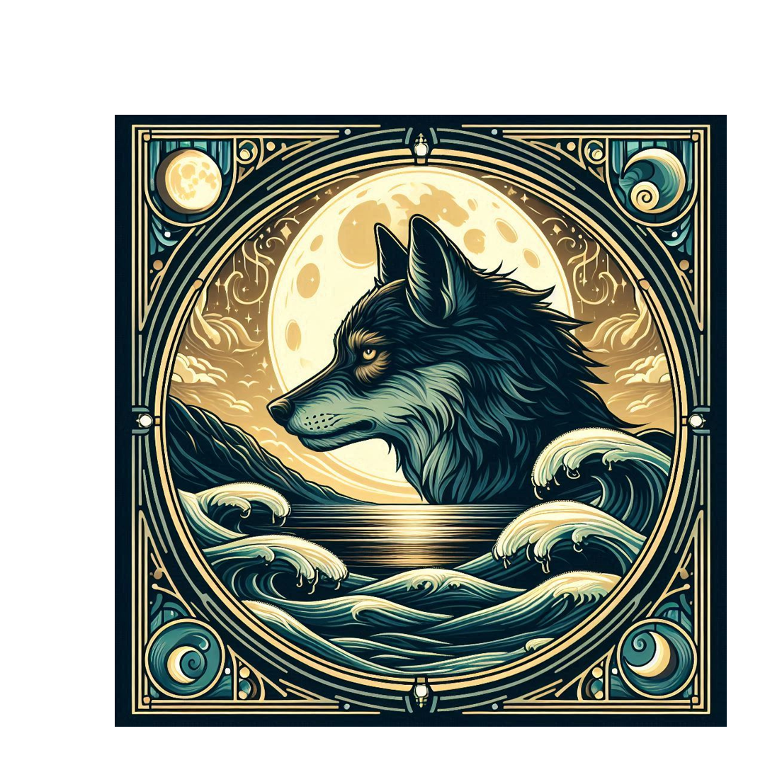 Profile of a wolf against a full moon over the ocean in Art Nouveau style