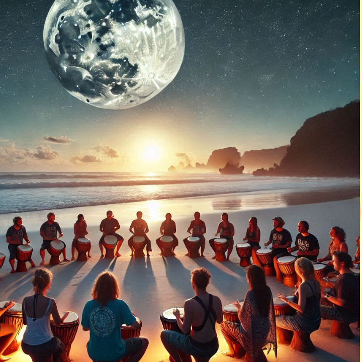 People drumming in a circle under a full moon on the beach