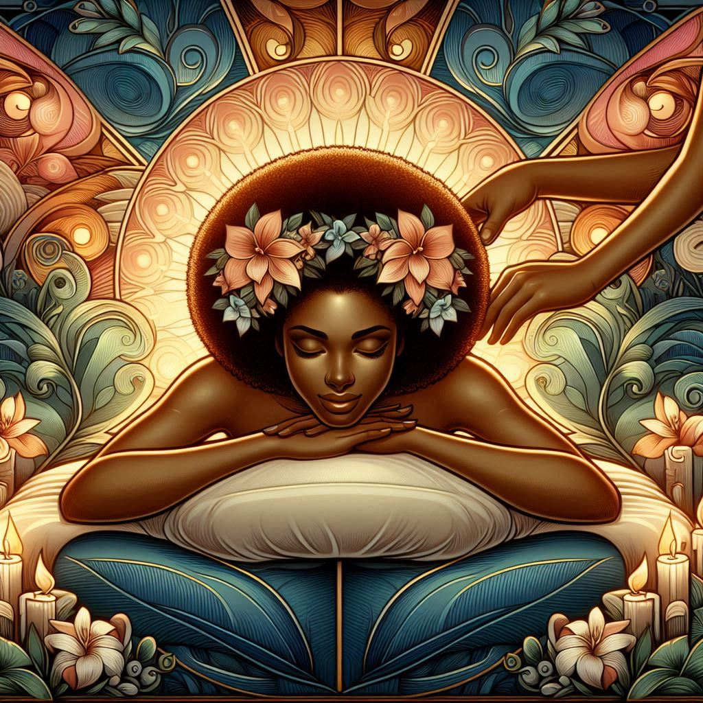 Black woman with flowers in her hair receiving massage